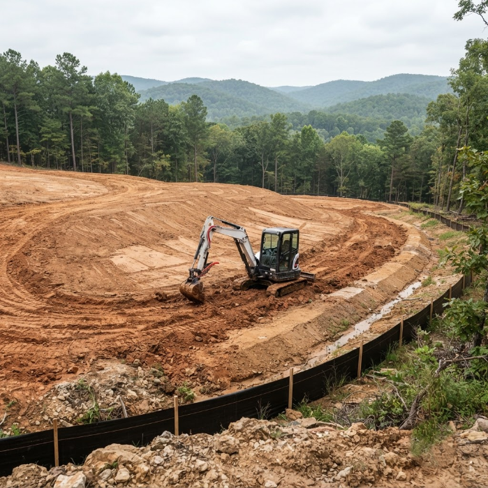 Excavator grading a muddy hillside construction site with forested mountains in the background