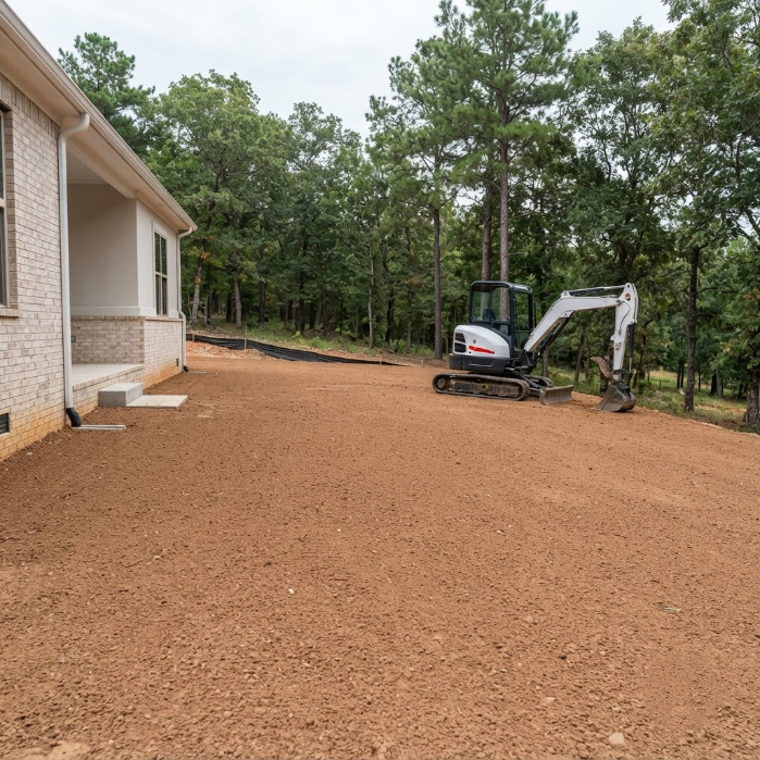 Backyard beside a brick house, with a compact excavator on a fresh dirt lot and trees in the background