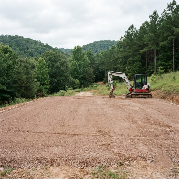 Excavator grading a wide dirt clearing surrounded by green trees and hills