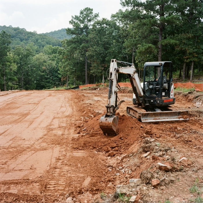 Excavator grading a muddy dirt road beside a forested hillside