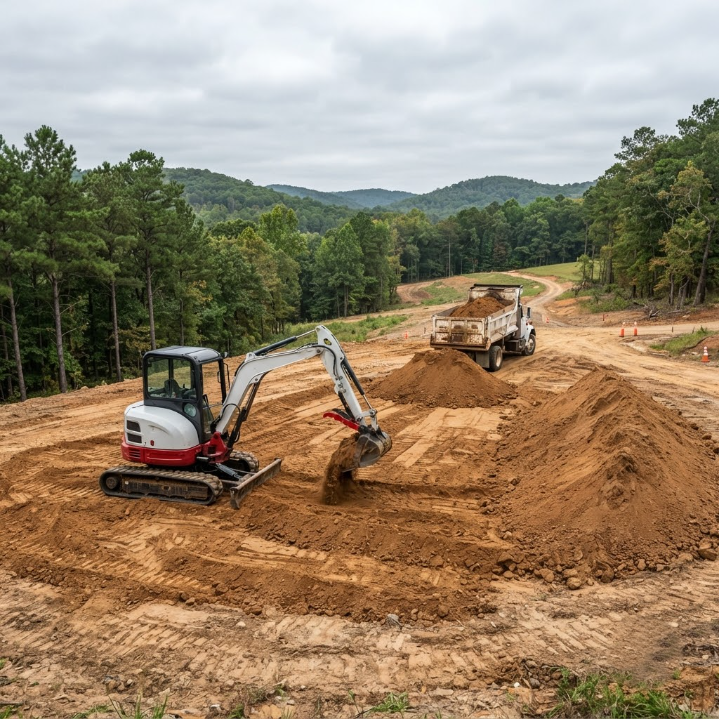 Excavator loading dirt into a dump truck at a construction site in a wooded area.