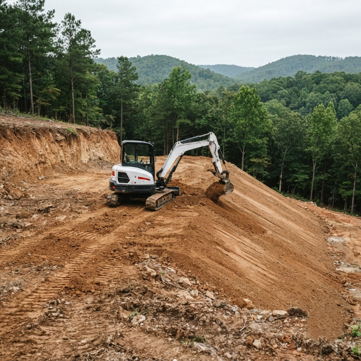 Mini excavator grading a dirt hillside on a forested mountainside