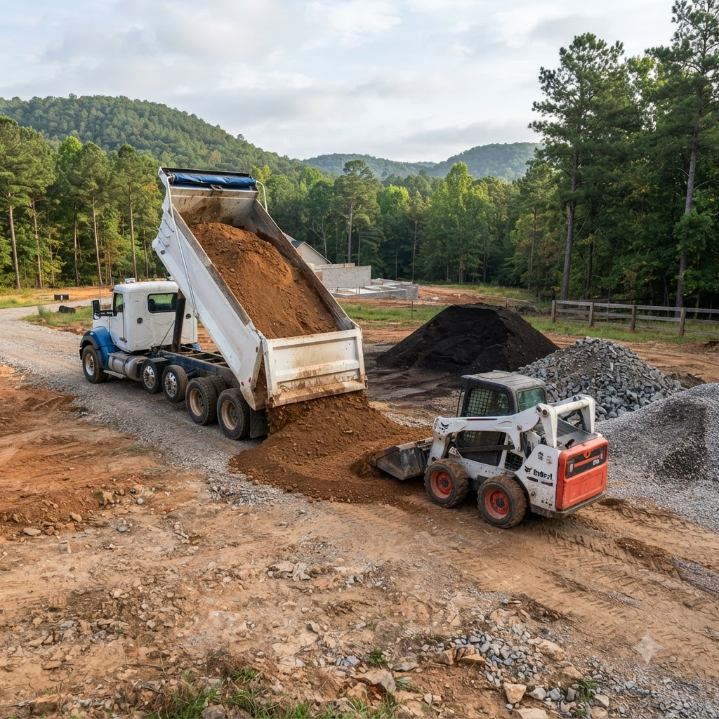 Dump truck unloading dirt to a small loader at a gravel site with hills and trees in the background