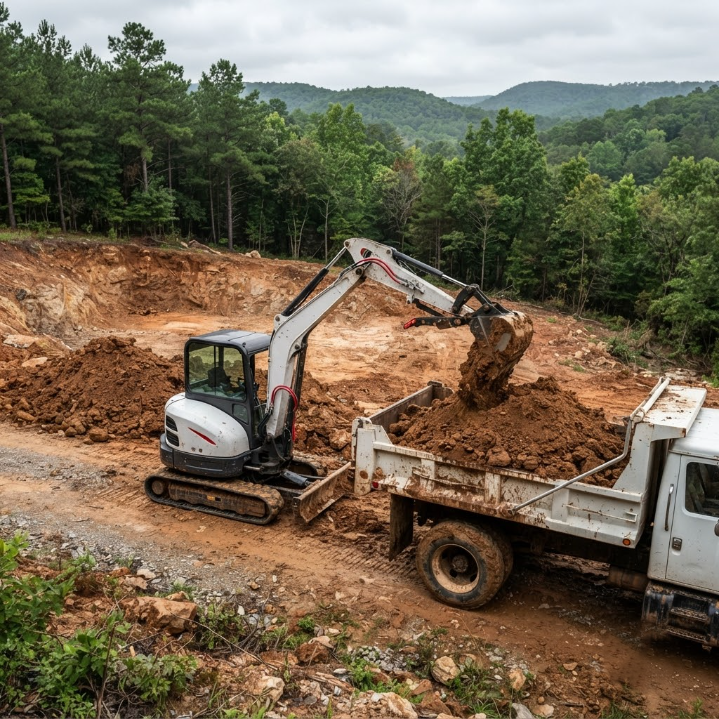 Excavator loading dirt into a dump truck at a construction site surrounded by trees and hills