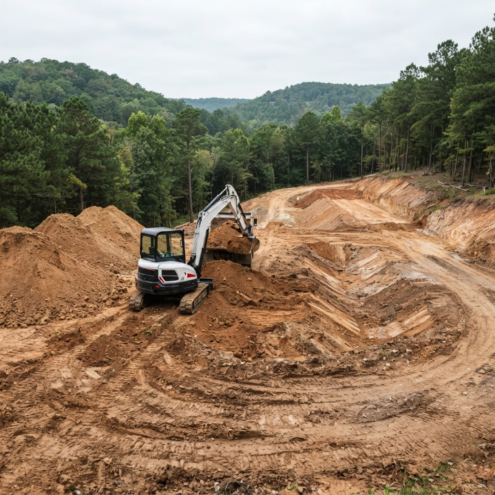 Excavator and skid steer shaping a muddy construction site amid green hills and trees