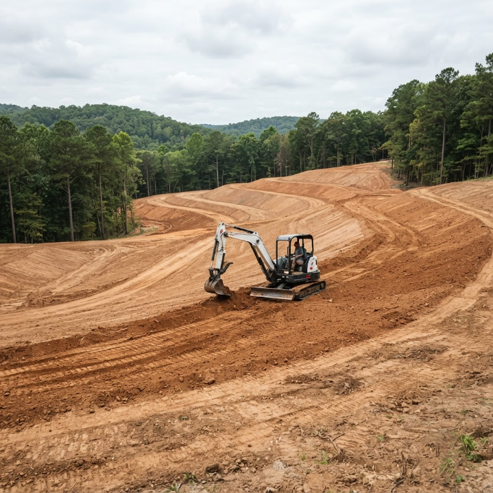 Excavator grading a reddish dirt construction site surrounded by green forested hills.