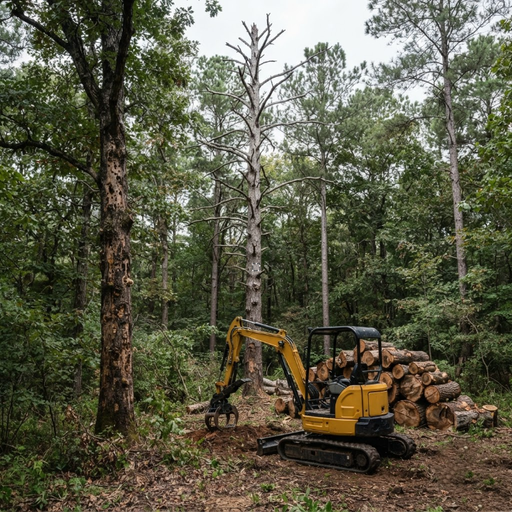 Yellow excavator in a forest, loading logs beside a pile of cut timber.