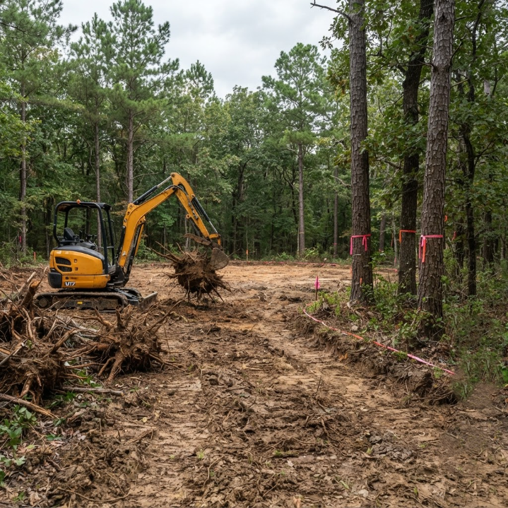 Yellow excavator clearing a muddy forest path beside marked trees and piles of uprooted debris