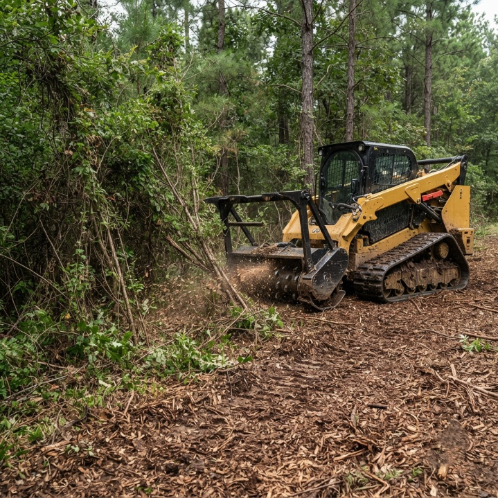 Yellow skid steer clearing brush along a wooded trail, with mulch and debris flying.