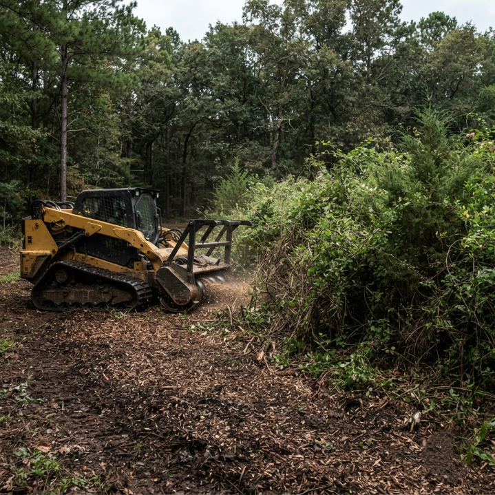 Yellow skid steer clearing brush in a wooded area