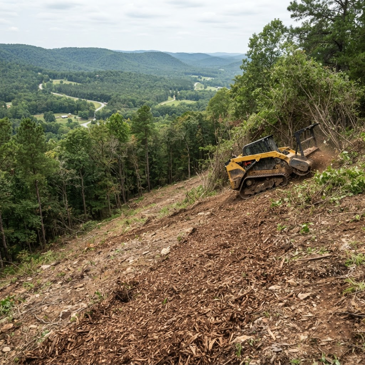 Yellow bulldozer clearing a steep wooded hillside with a valley in the background