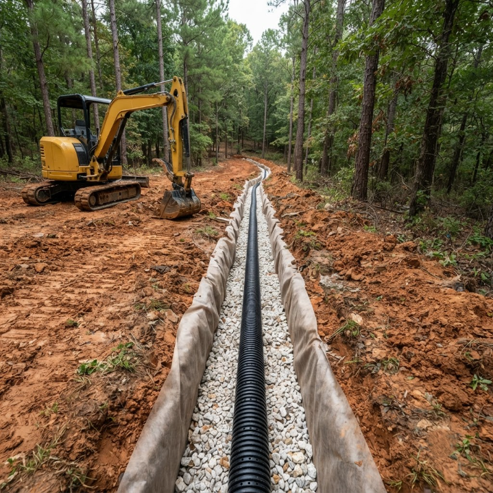 Excavator digging a trench for drainage pipe through a muddy forest clearing