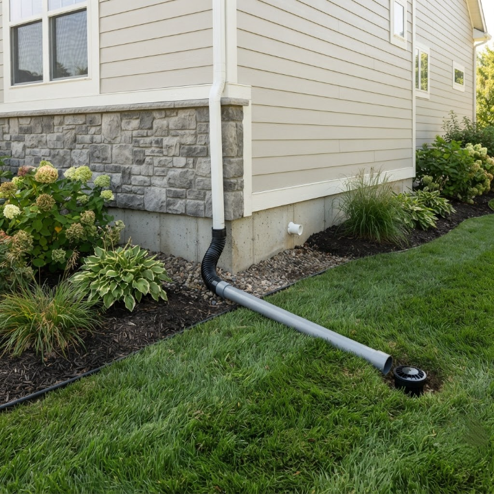 Downspout extension draining away from a house corner into the lawn near landscaped shrubs