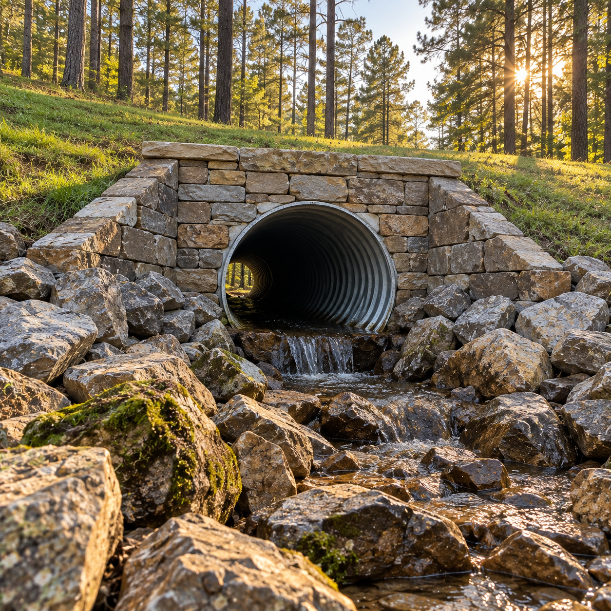 Stone culvert with flowing water in a rocky ditch, surrounded by pine trees at sunset.