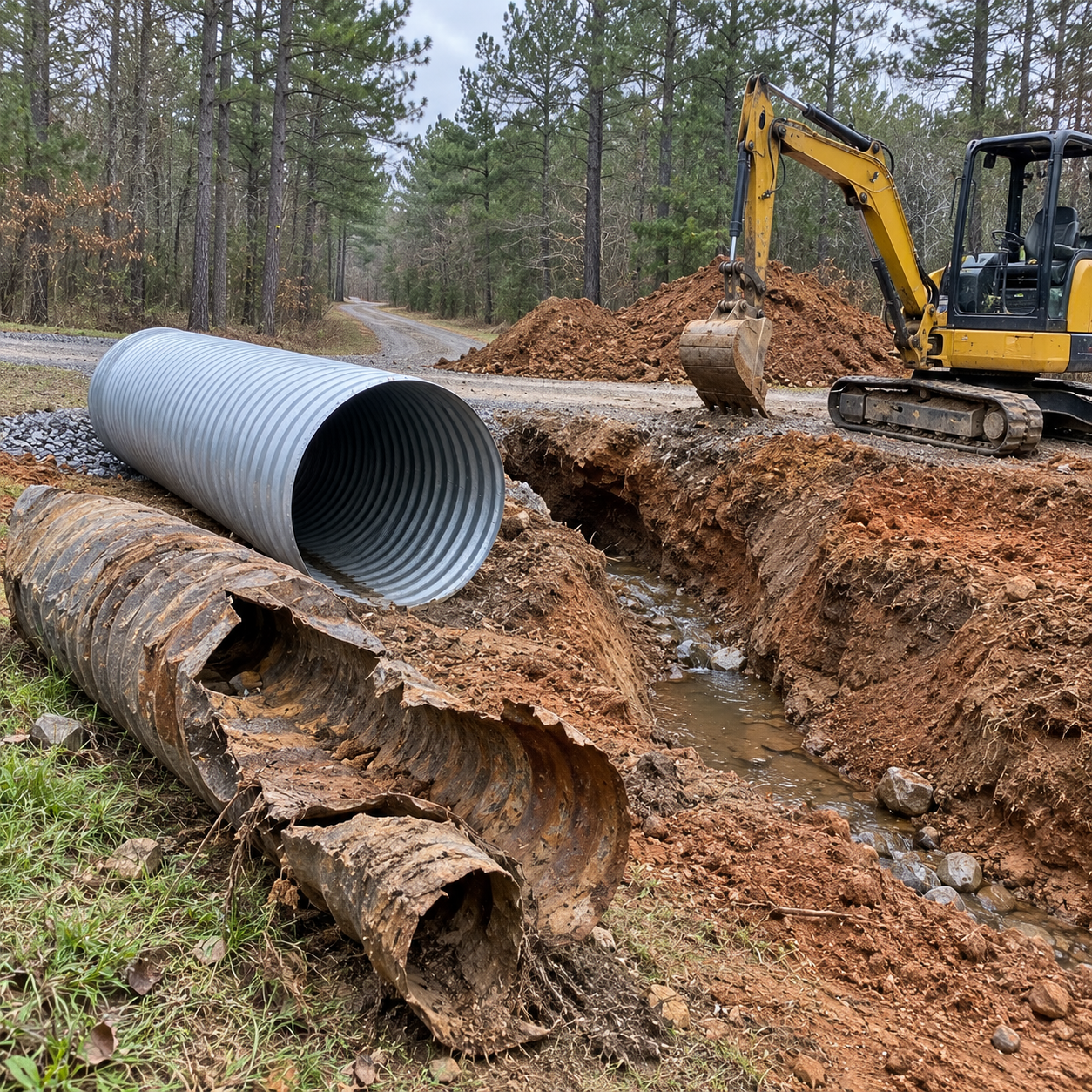 Yellow excavator digging beside a large culvert pipe and fallen logs on a muddy forest road