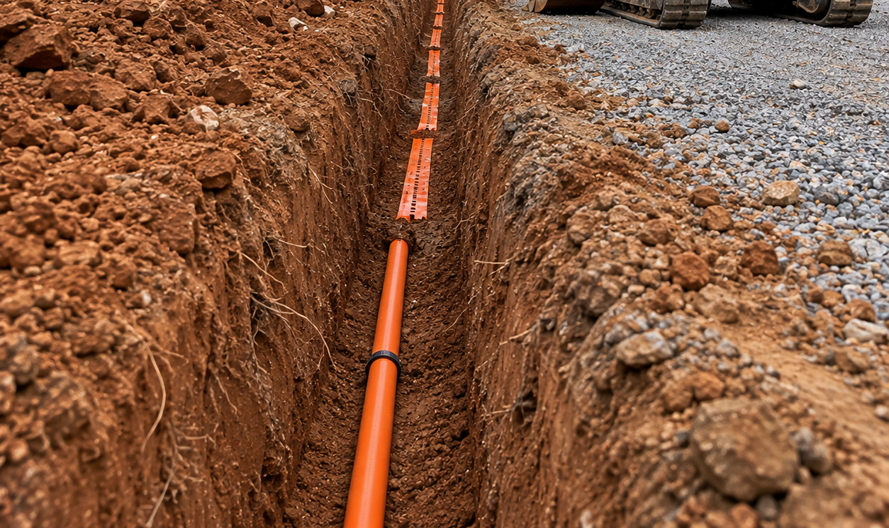 Orange conduit pipe laid in a narrow trench beside gravel during construction work