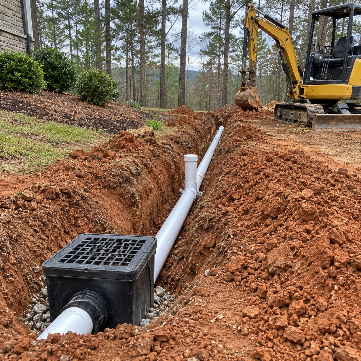 Excavator trenching a white drainage pipe beside a black storm drain box in a wooded area