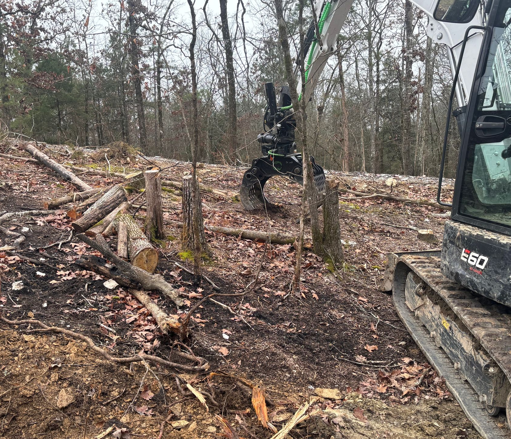 Excavator clearing debris and logs in a wooded area with fallen leaves.