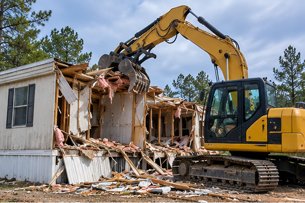 Yellow excavator demolishing a white house beside a wooded area
