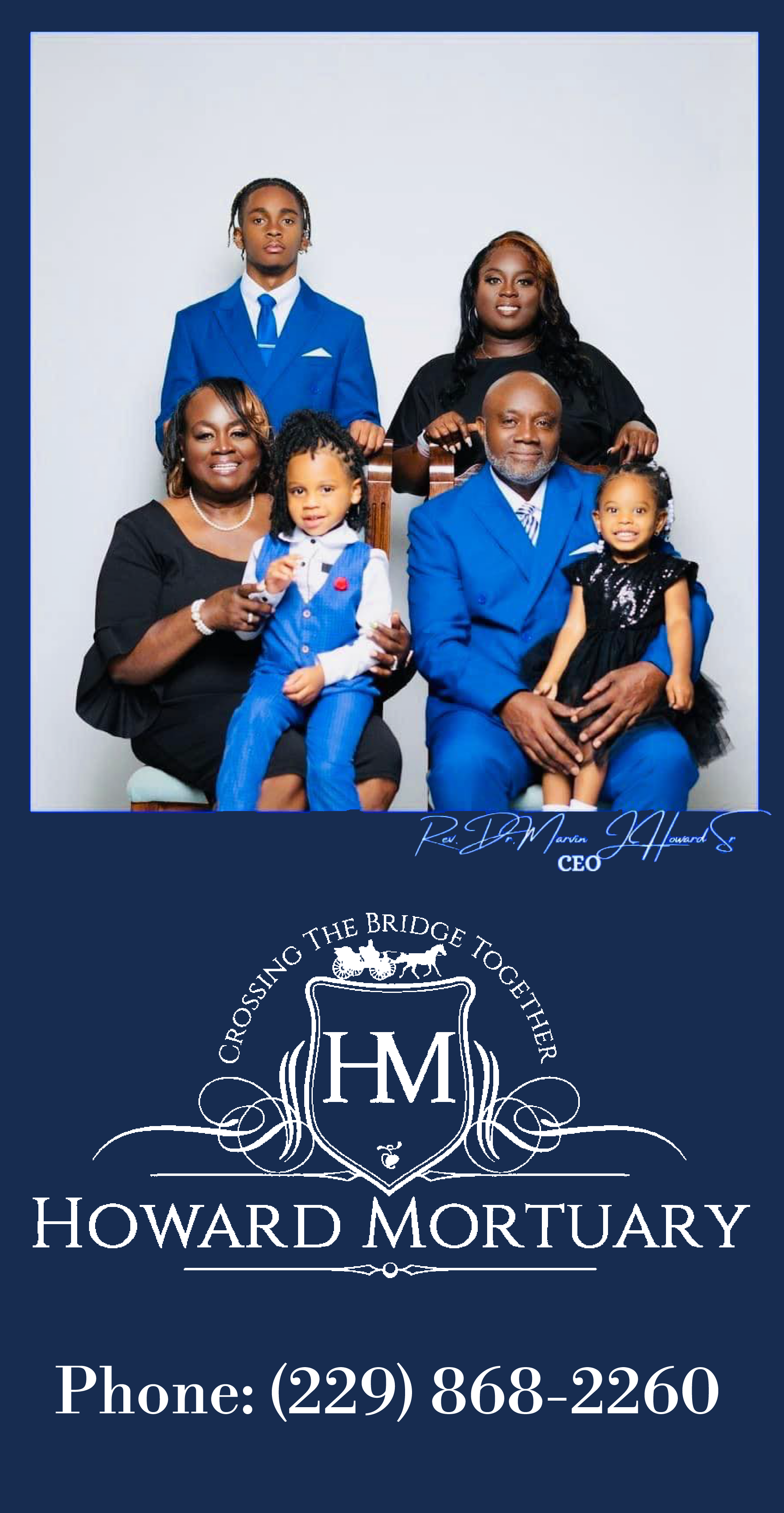 Family portrait above a mortuary logo. People in the portrait are in blue and black outfits.