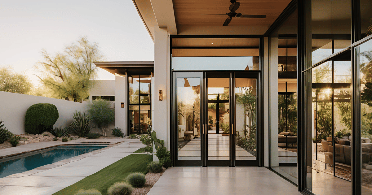 Modern home exterior with pool, glass doors, and desert landscaping; sunny day.