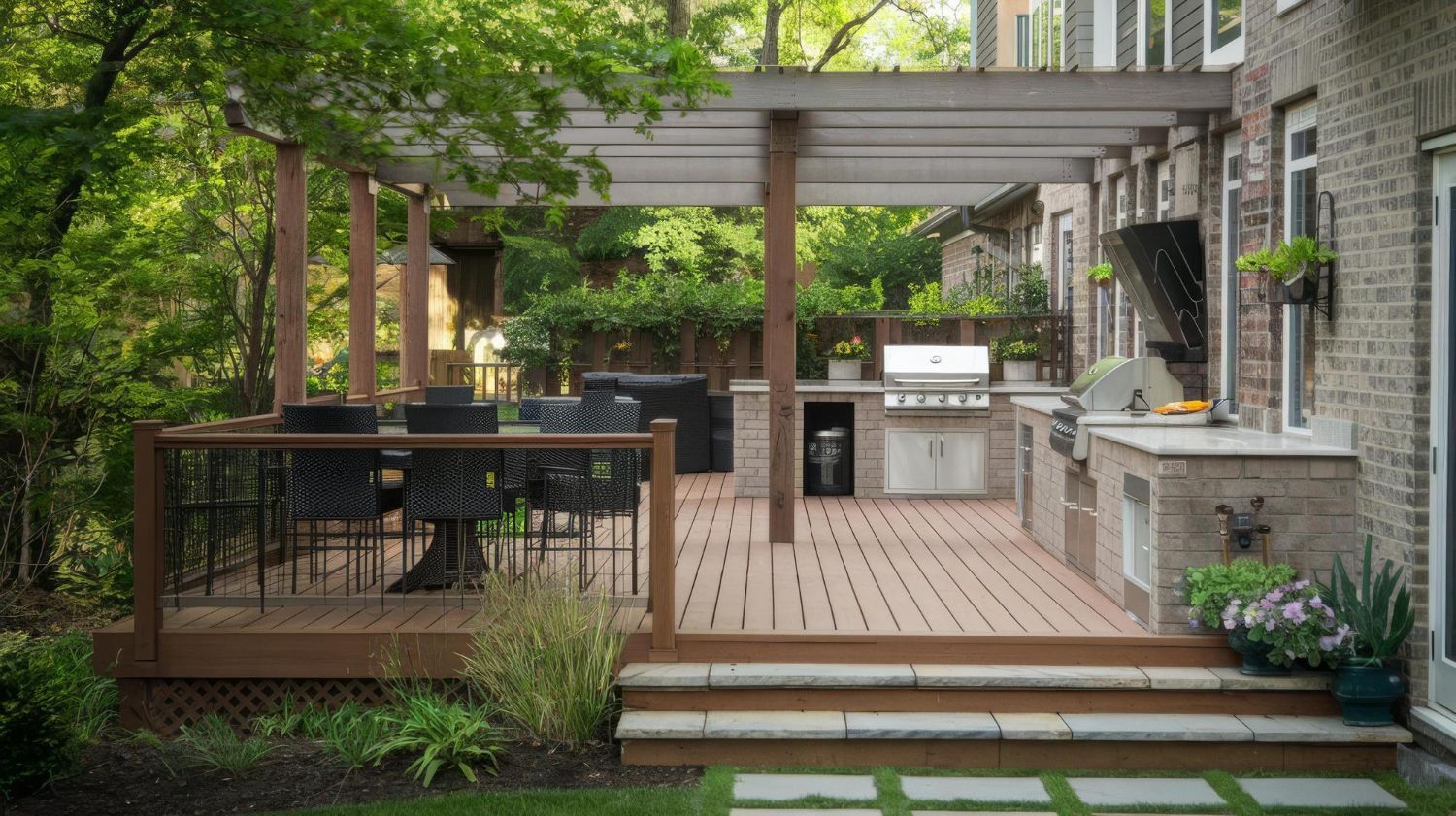 Wooden backyard deck with pergola, built-in grill, and potted plants surrounded by lush greenery.