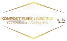 Komfort Fleet Logistics logo with gold text, box truck icon, and tagline “Your parcels, our passion”