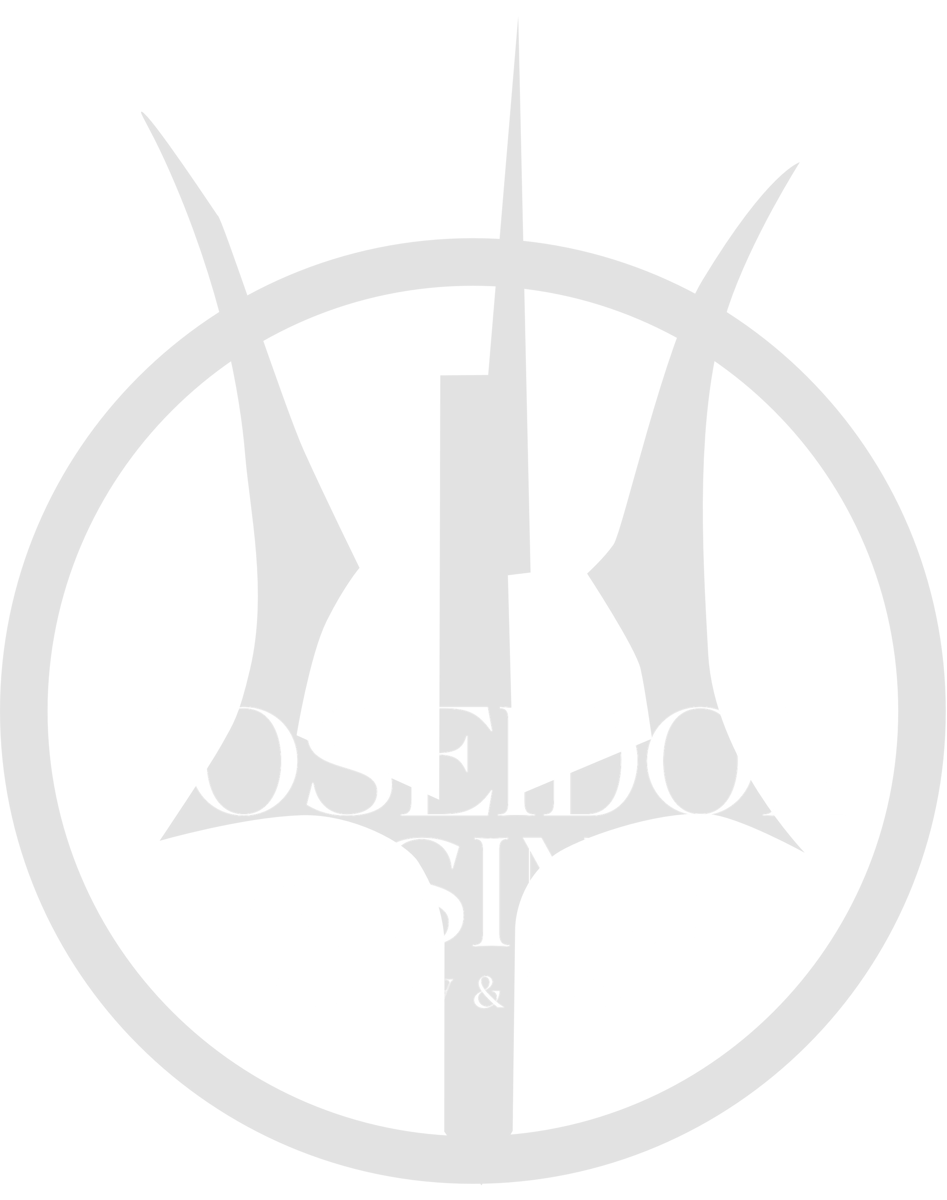 A white logo with a trident in the middle of a circle.