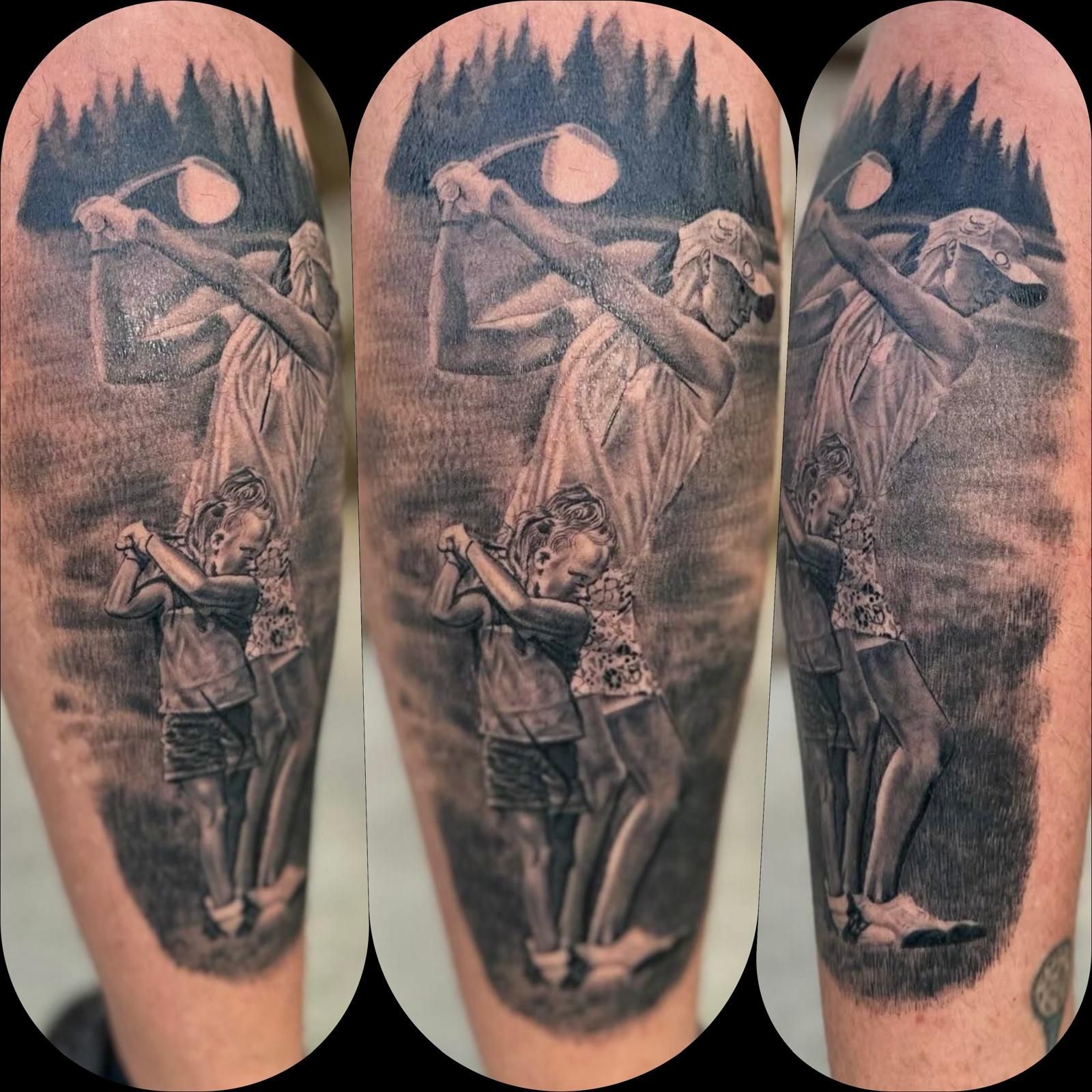 A black and white tattoo of a man swinging a golf club
