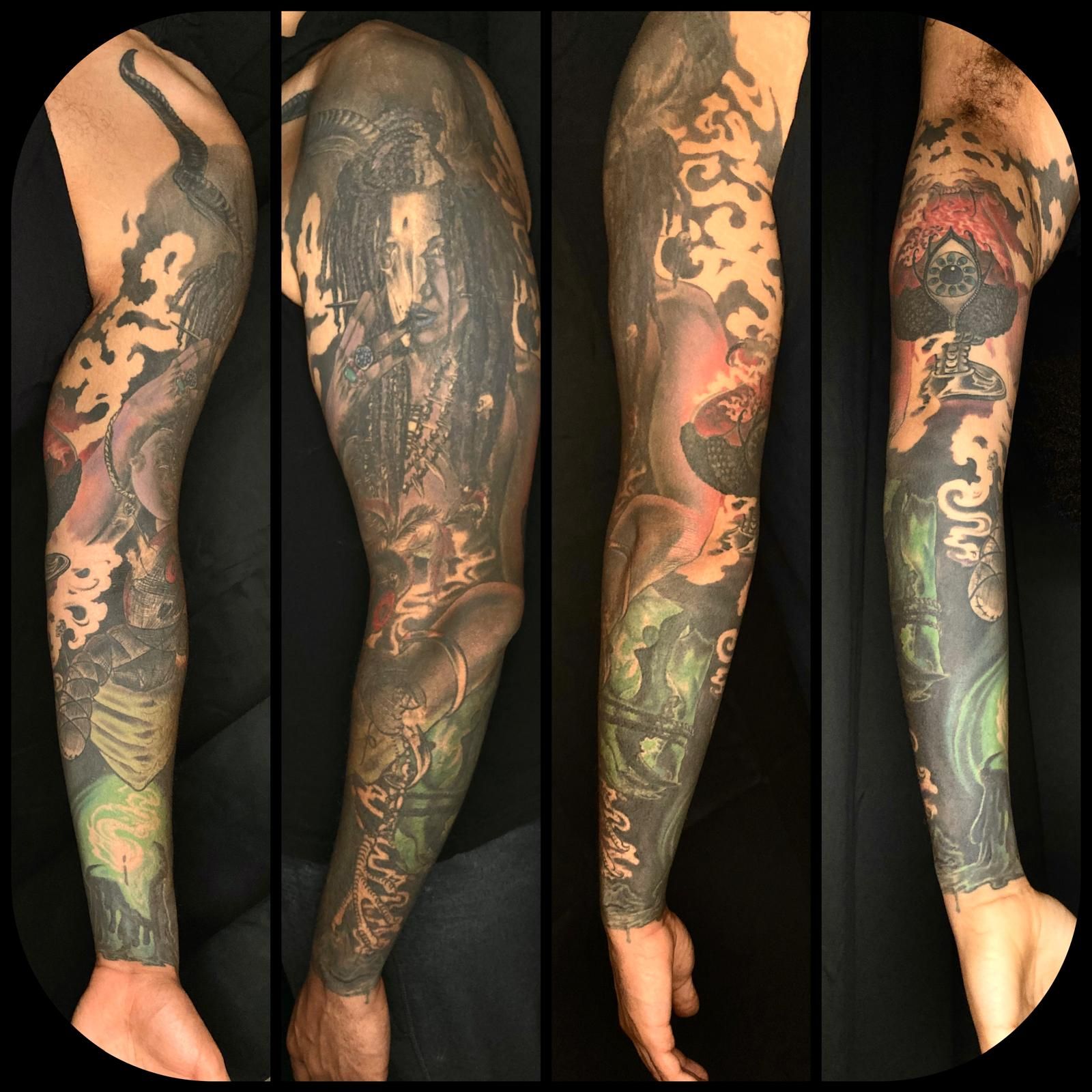 A collage of four pictures of a tattoo on a person 's arm