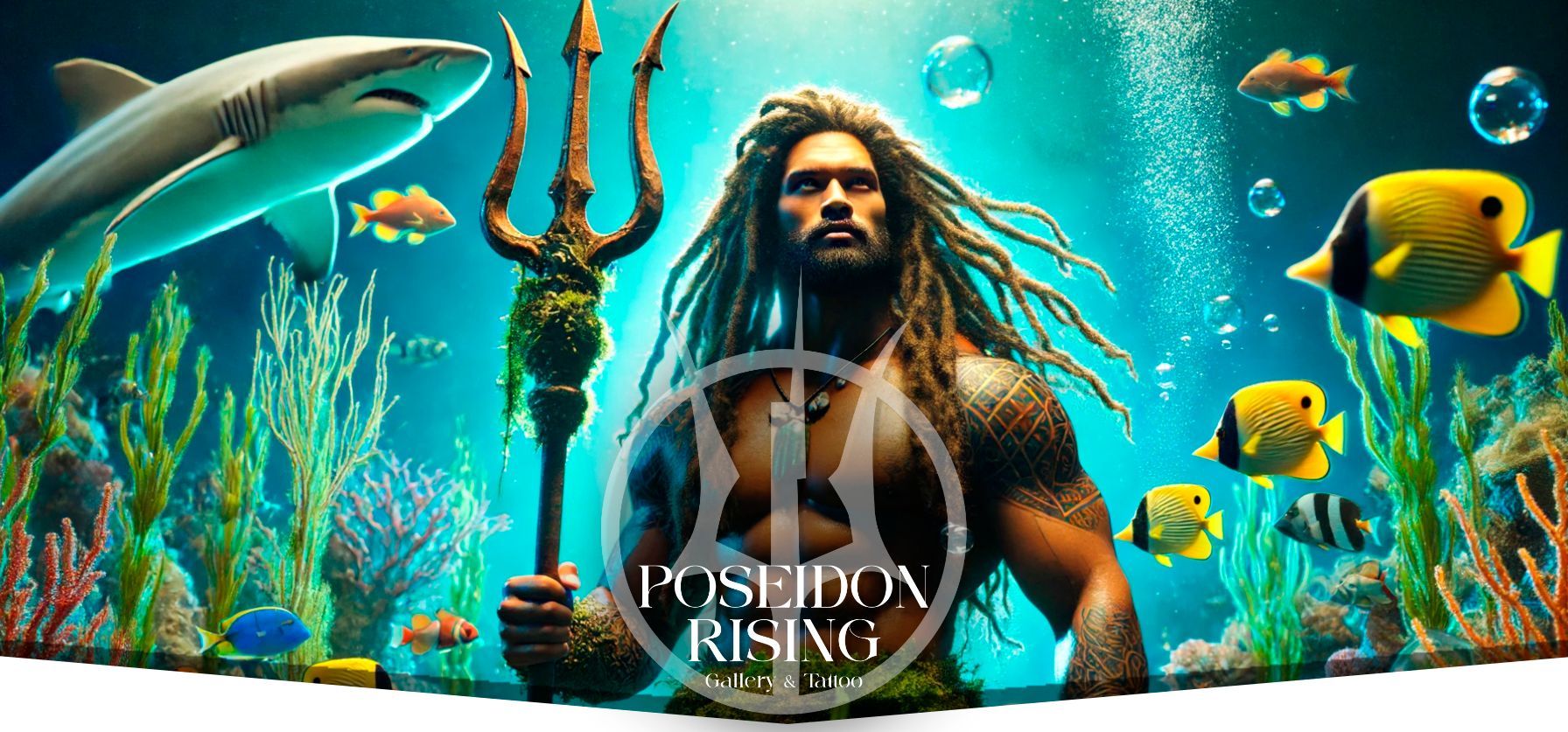A man with dreadlocks is holding a trident in front of a shark and fish.