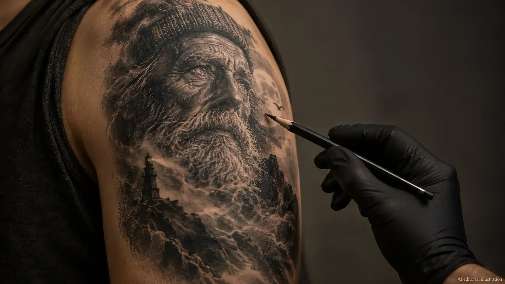 AI editorial illustration of an original realistic black-and-grey seafarer portrait tattoo.
