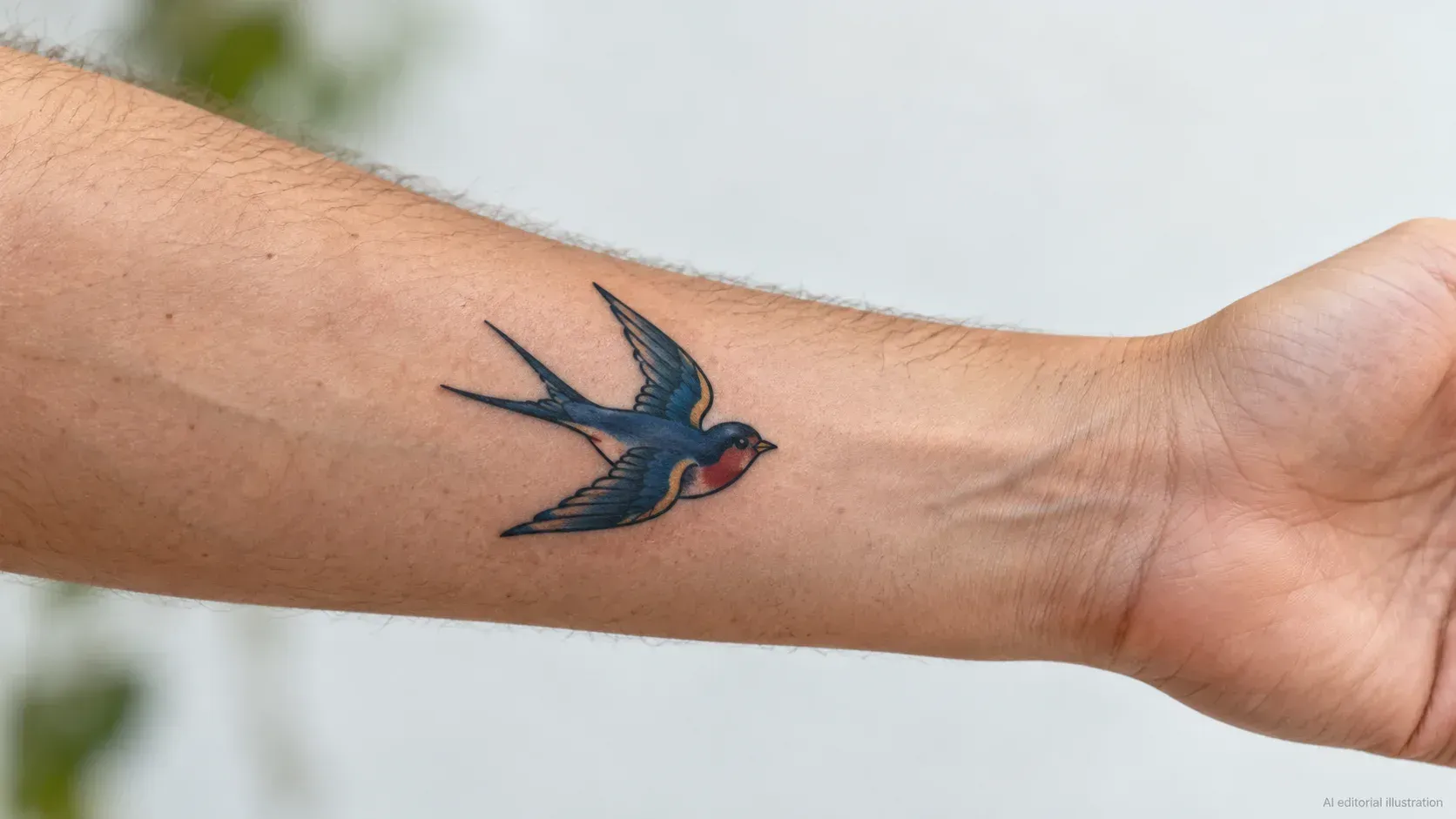 AI editorial illustration of a small traditional swallow tattoo on a forearm.