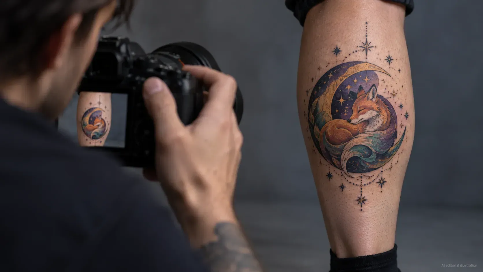 AI editorial illustration of a photographer documenting a whimsical fox and crescent tattoo.