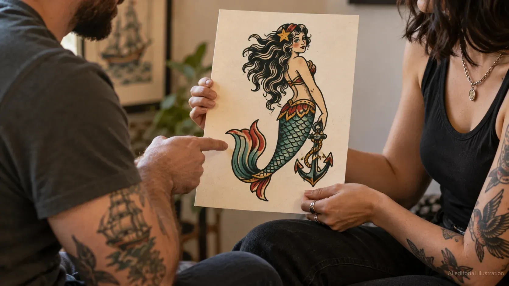 AI editorial illustration of an Americana mermaid design consultation.