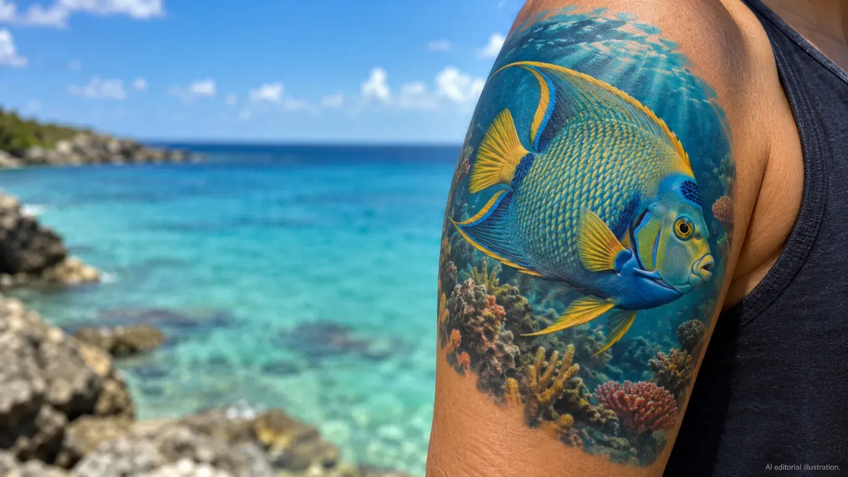 AI editorial illustration of a colorful queen angelfish tattoo near a generic coast.