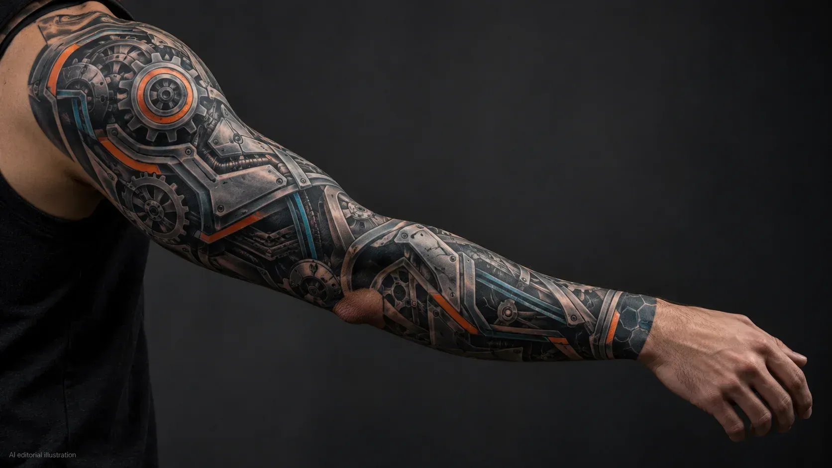 AI editorial illustration of a graphic mechanical sleeve showing scale and body flow.