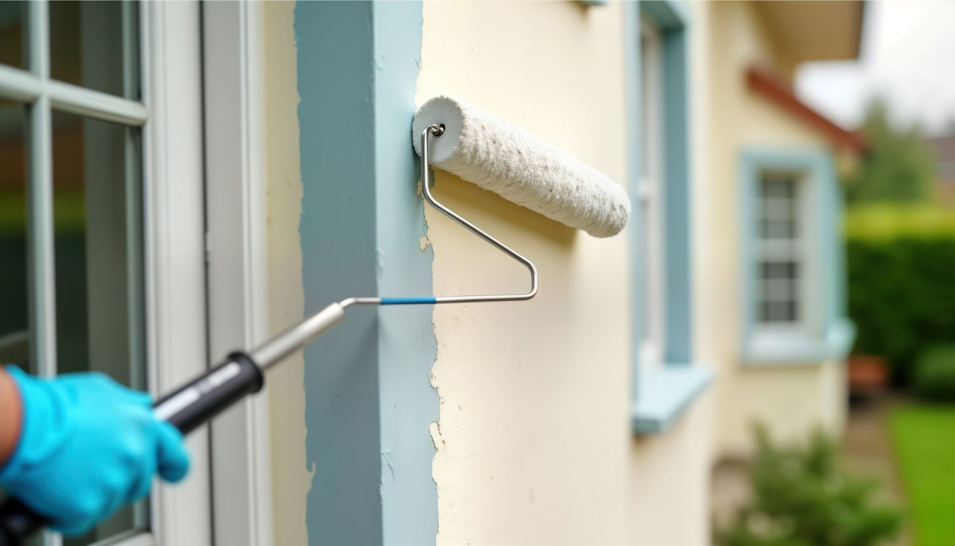 Person wearing a glove painting weathered wooden siding with a brush.