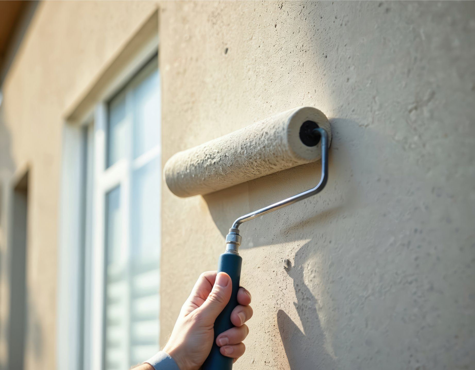 Person painting exterior stucco wall with paint roller.