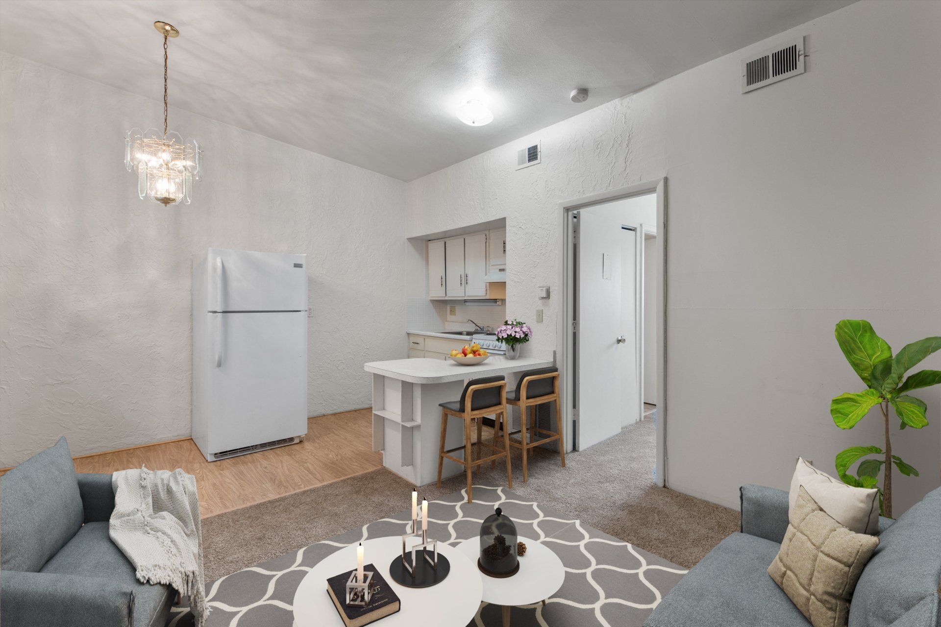 View from living room into kitchen and breakfast bar.
