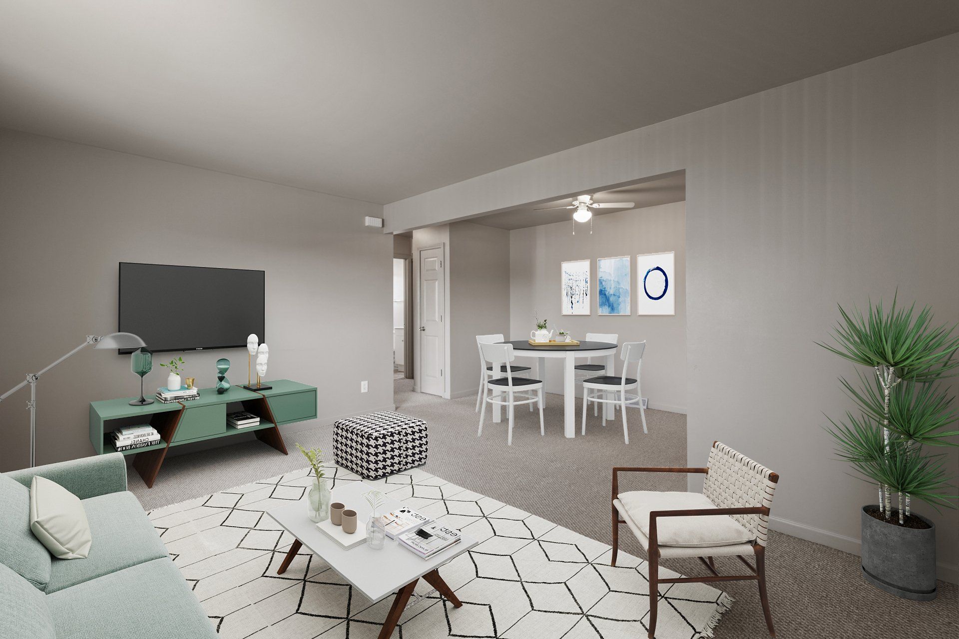 Teson Garden Apartments living room and view of dining are