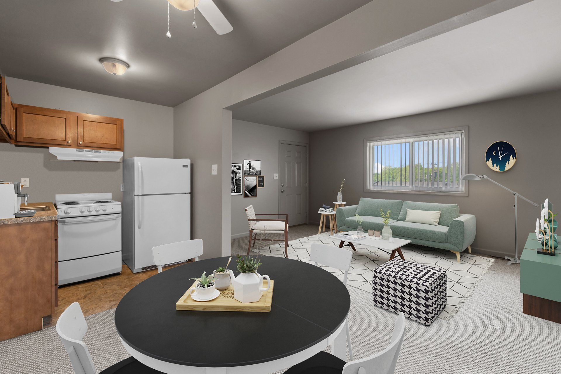 Teson Garden Apartments kitchen and view of living room