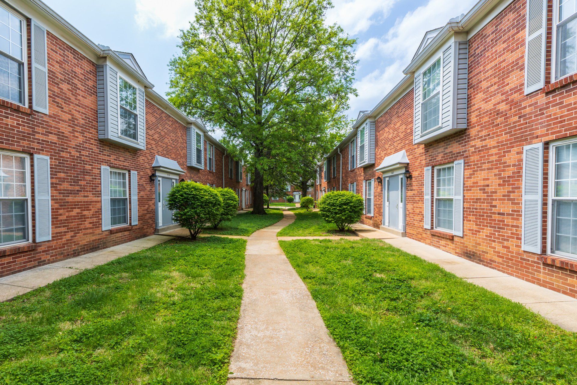 Exterior of White Birch Apartments brick buildings with grass area and walkway in between two of their buildings.