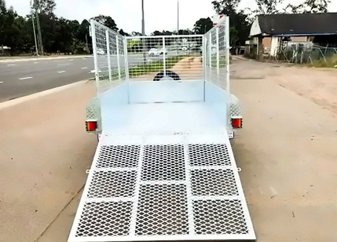 TrailerMates 8x5 cage trailer with the rear loading ramp down