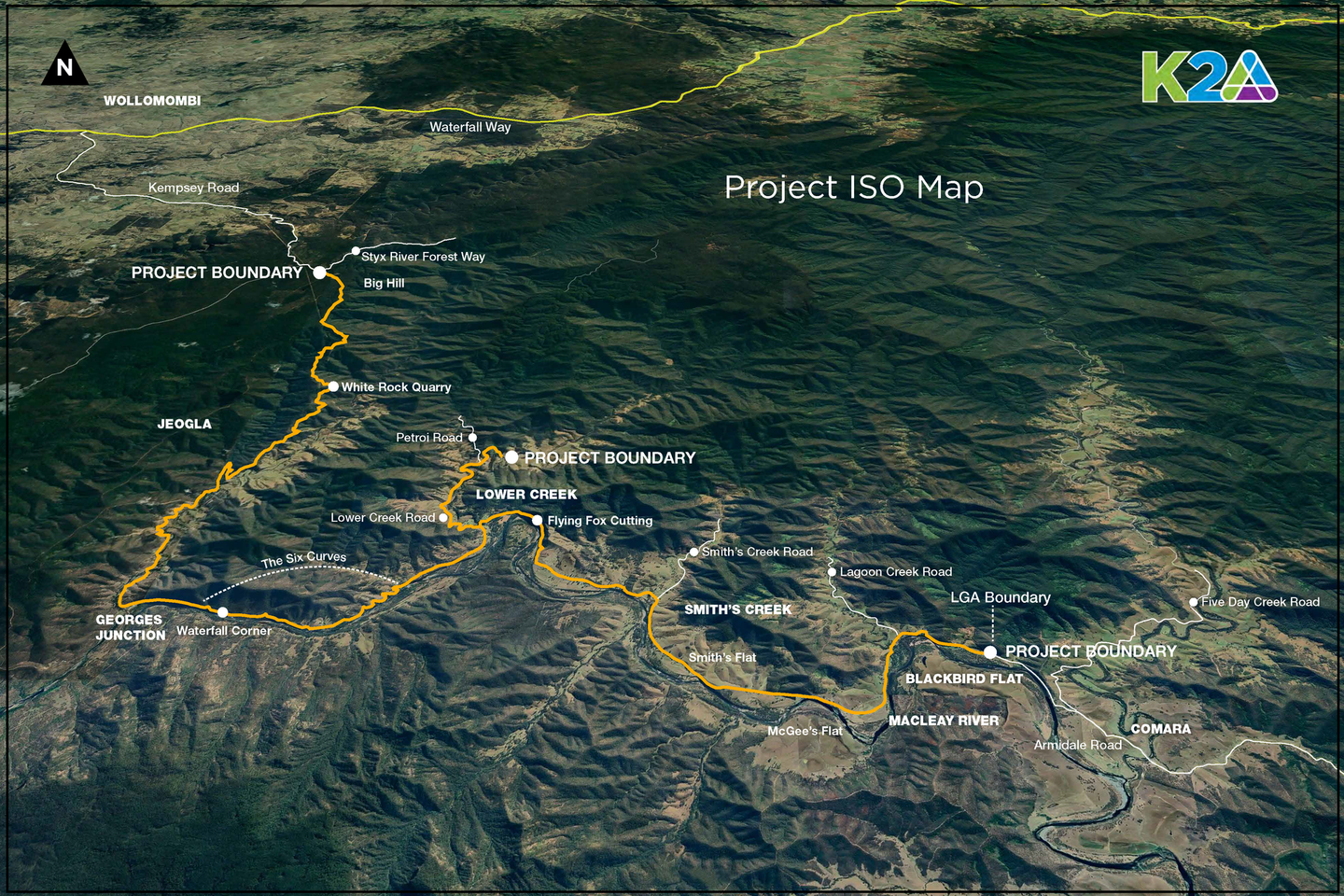 3D map showing a yellow route through rugged mountains, labeled “Project ISO Map.”