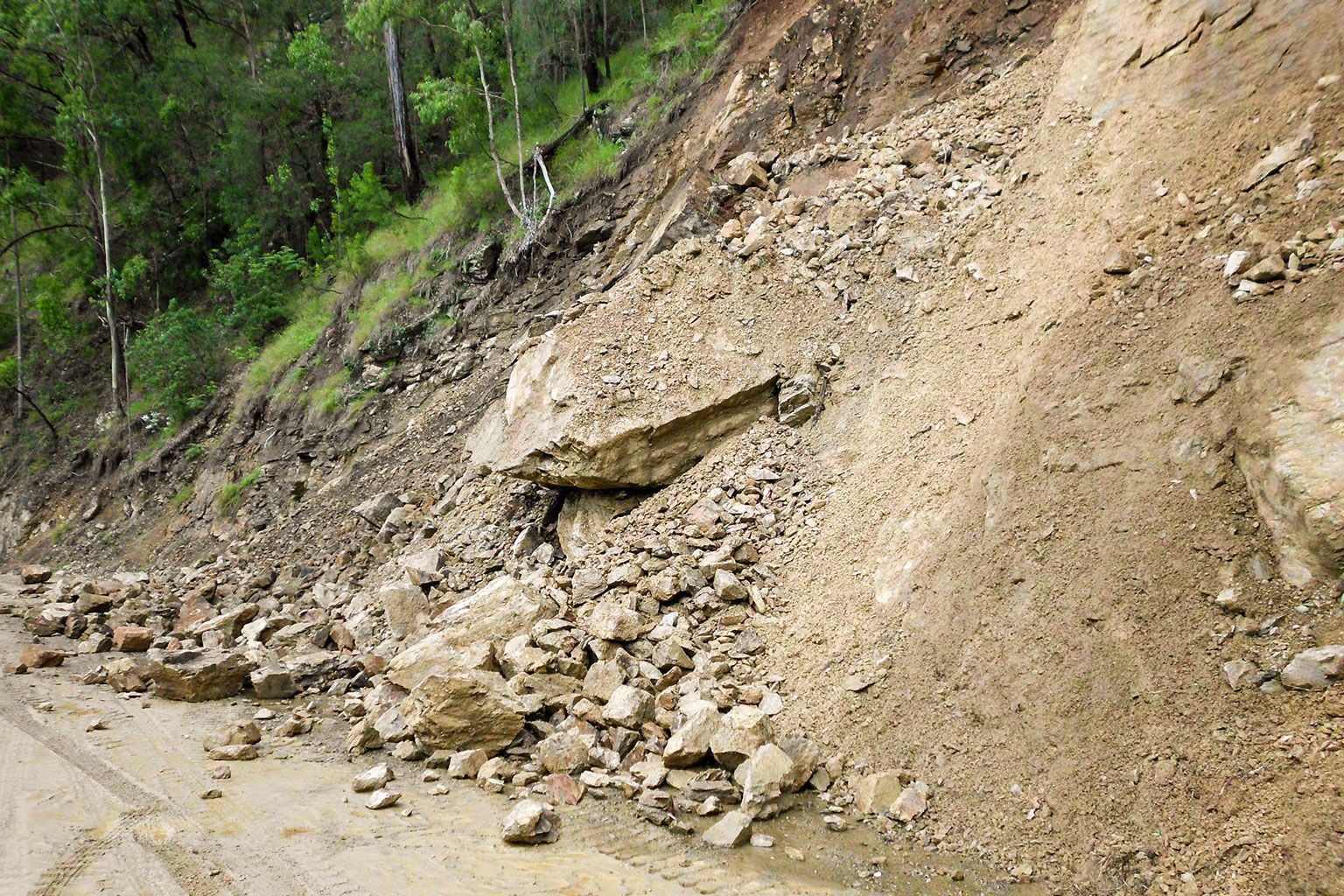 Rockslide debris covering a dirt road beside a steep, green hillside