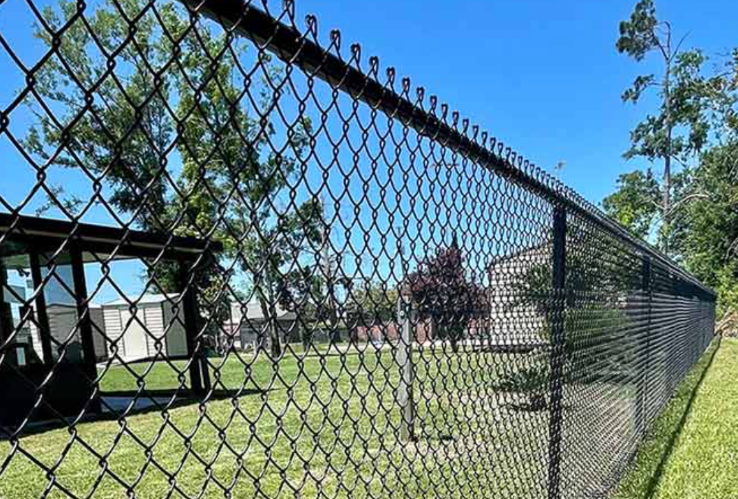 Black chain-link fence in front of a green yard and trees under a blue sky.