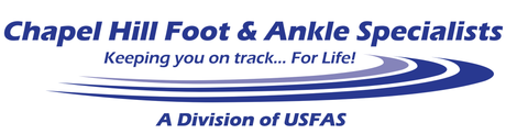Chapel Hill Foot & Ankle Specialists logo with text and blue wave design, slogan