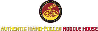 Logo for Authentic Hand-Pulled Noodle House with yellow text and a red circular noodle bowl icon