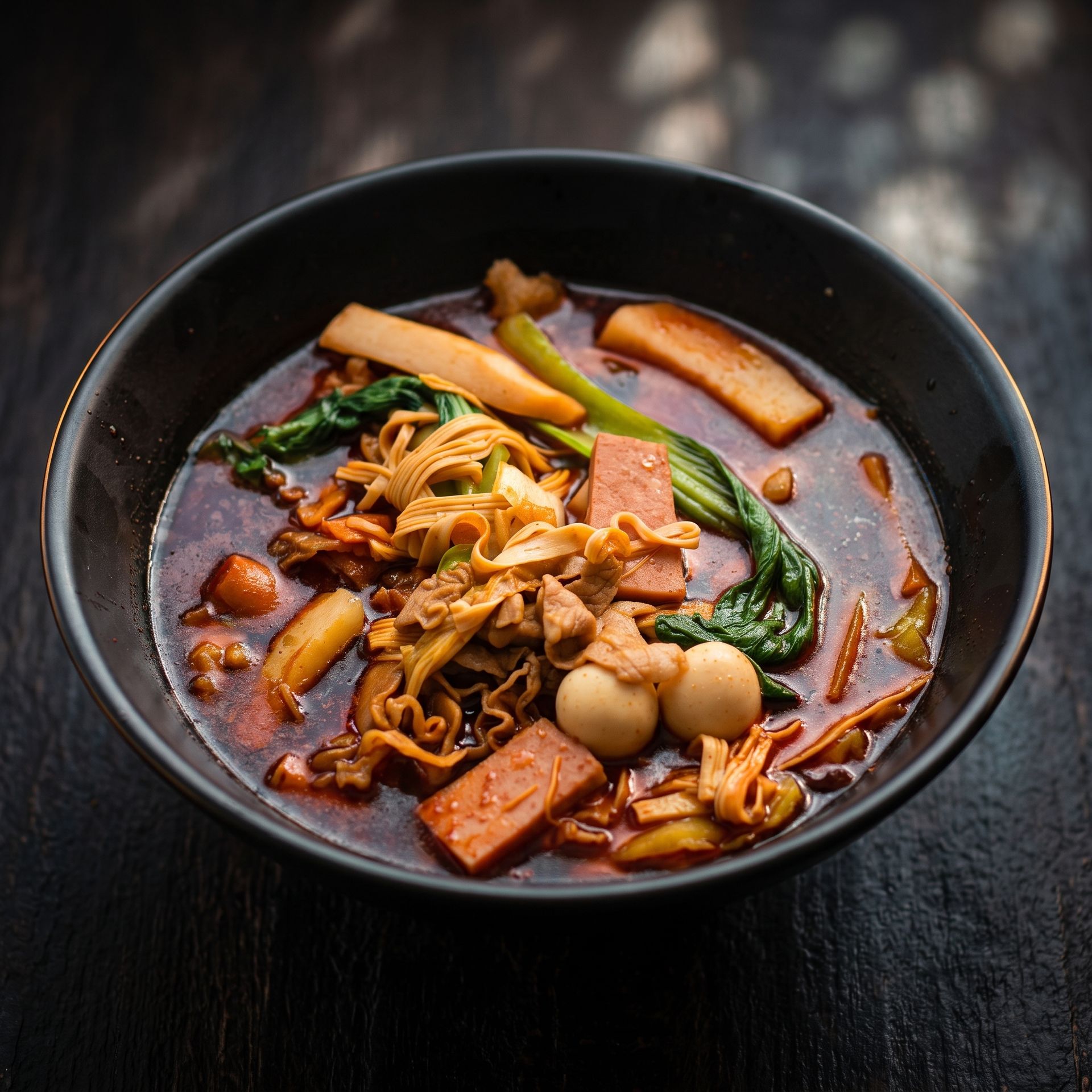 Black bowl of spicy noodle soup with vegetables on a dark table